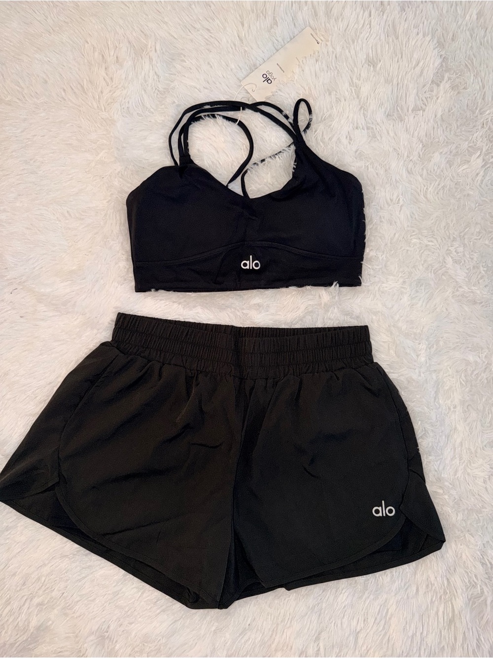 ALO Yoga Black Strappy Sports Bra and Athletic Shorts Set